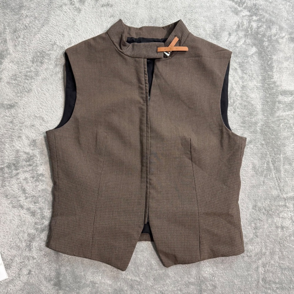 Zara Brown Micro Check Buckle Neck Zip Up Vest Top Small